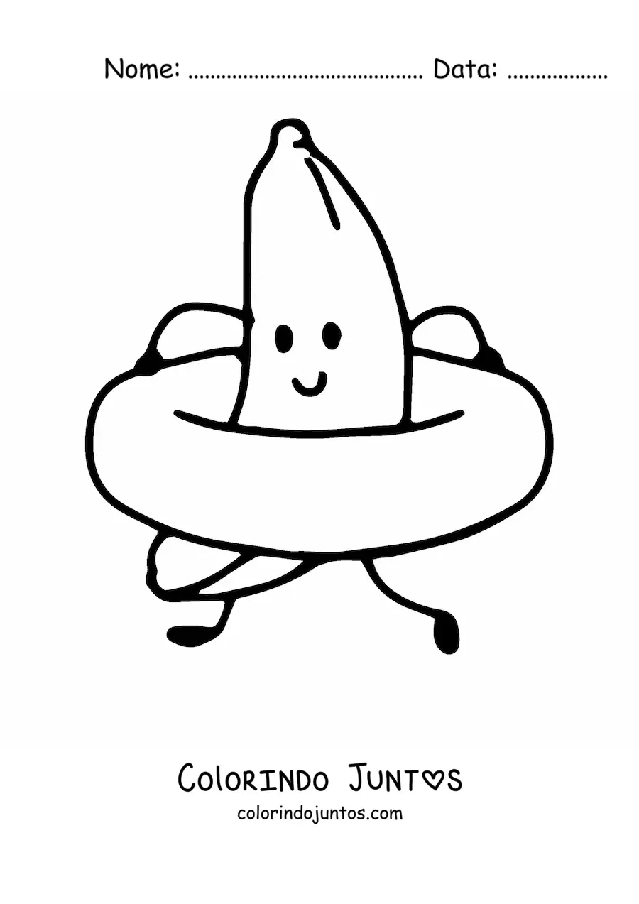 Desenho para colorir de uma banana animada com uma boia de praia