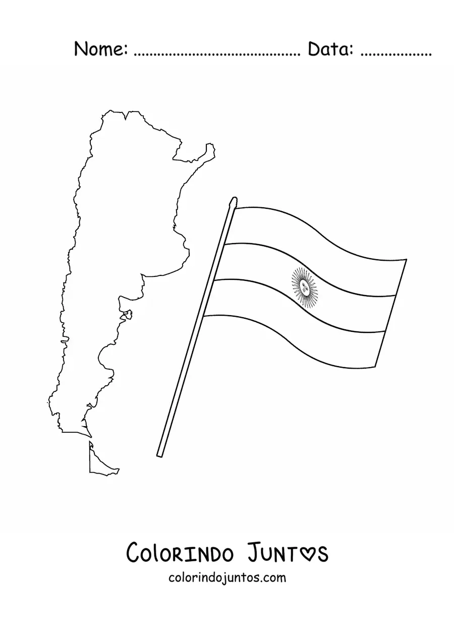 Desenho para colorir da bandeira da Argentina ao lado de um mapa