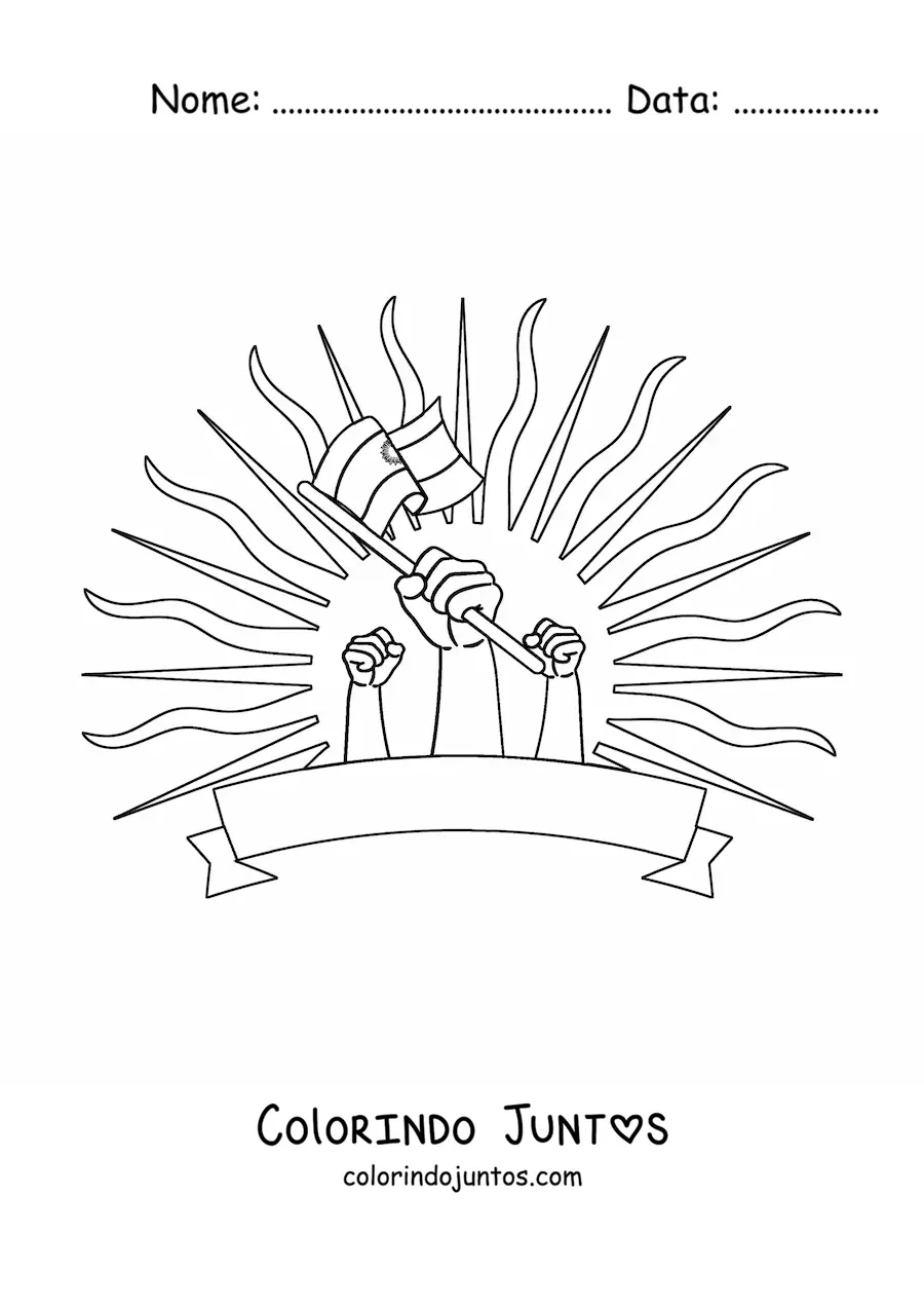 Desenho para colorir de maos segurando a bandeira da Argentina com Sol ao fundo