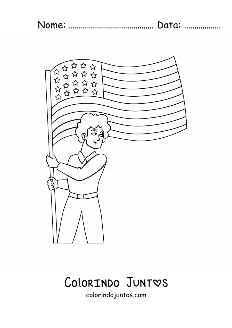 Desenho para colorir de um menino segurando a bandeira dos Estados Unidos