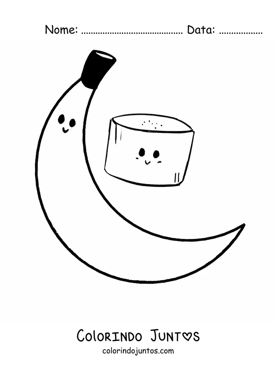 Desenho para colorir de uma banana kawaii inteira ao lado de um pedaço de banana kawaii