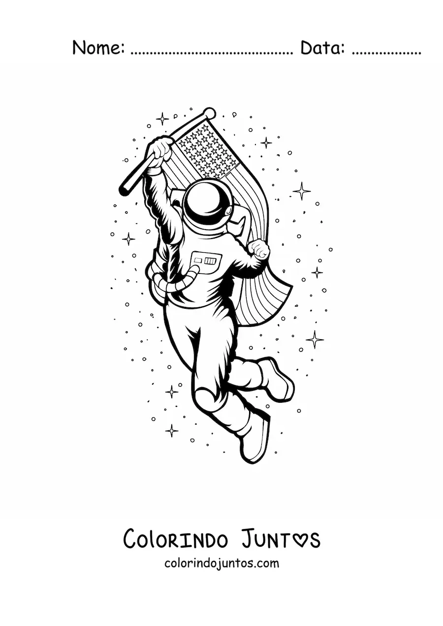 Desenho para colorir de um astronauta com a bandeira dos Estados Unidos