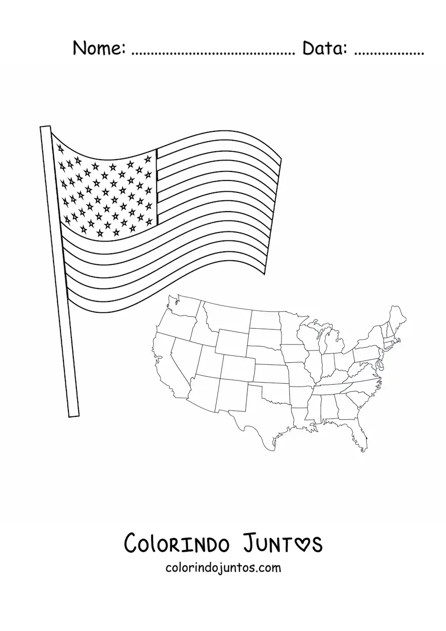 Desenho para colorir da bandeira dos Estados Unidos ao lado de um mapa