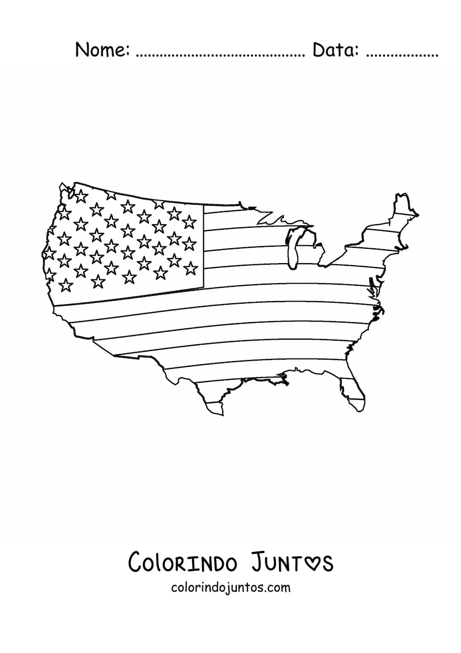Desenho para colorir da bandeira dos Estados Unidos em um mapa