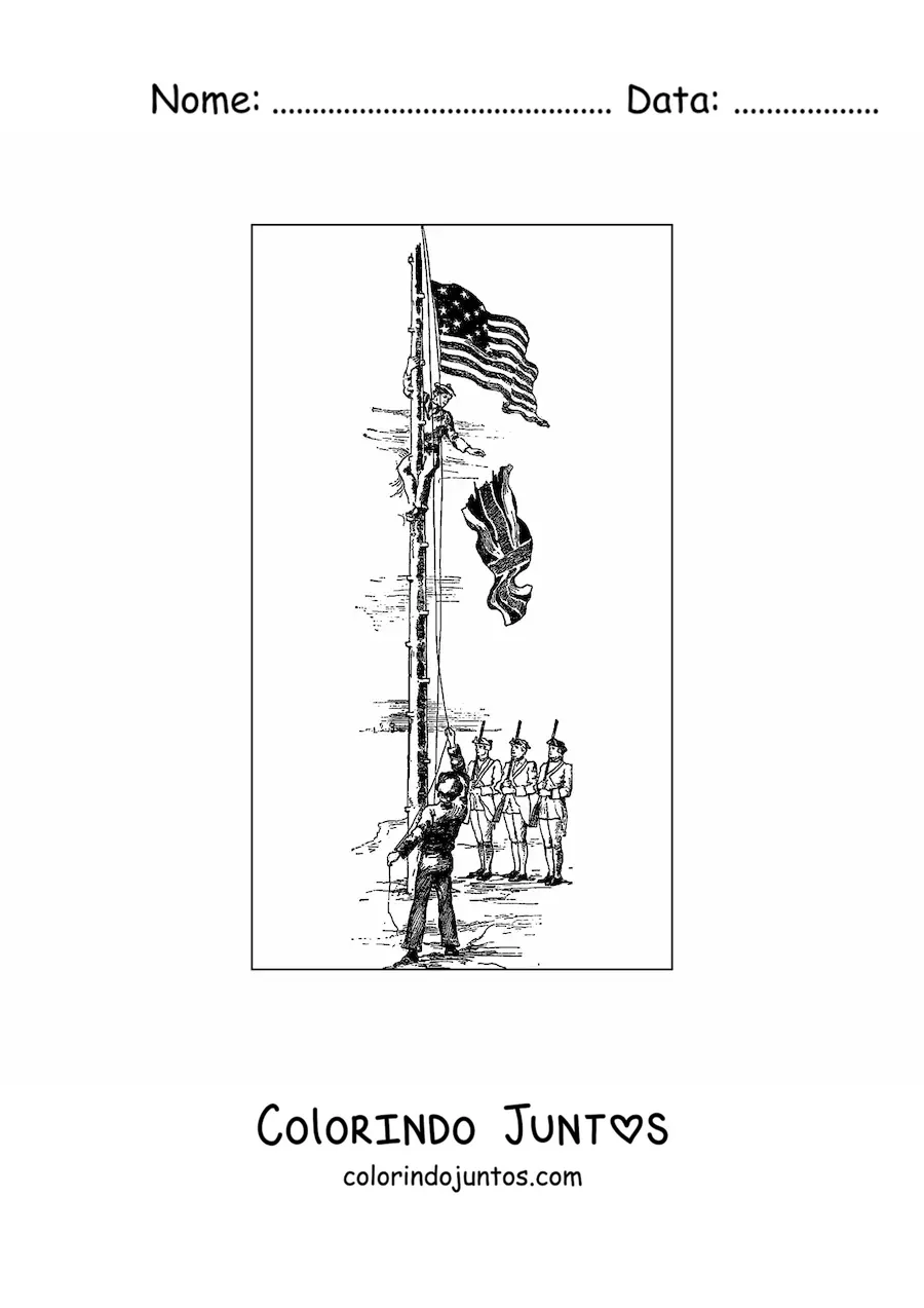 Desenho para colorir dos revolucionarios trocando a bandeira da Inglaterra pela dos Estados Unidos