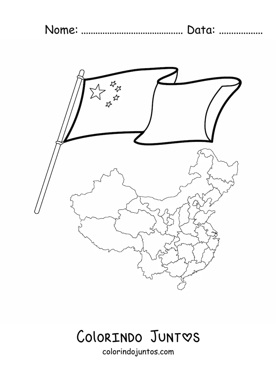 Desenho para colorir da bandeira da China ao lado de um mapa