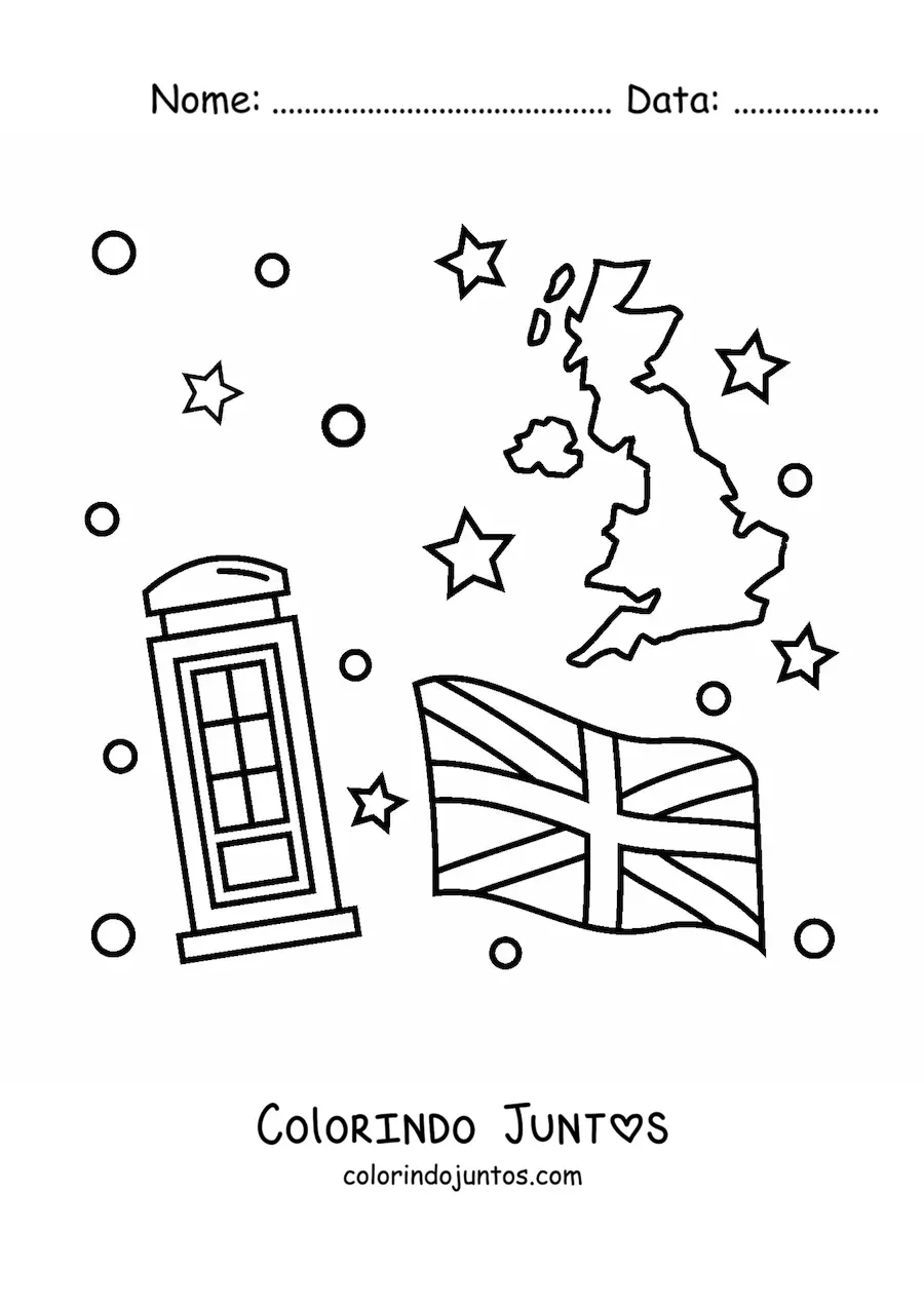 Desenho para colorir da bandeira do Reino Unido junto a um mapa e uma cabine telefônica