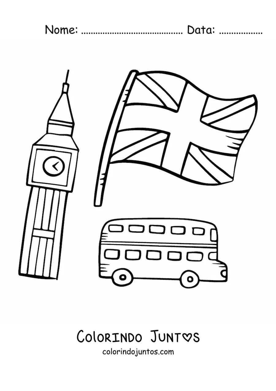 Desenho para colorir da bandeira do Reino Unido com o Big Ben e um ônibus de dois andares