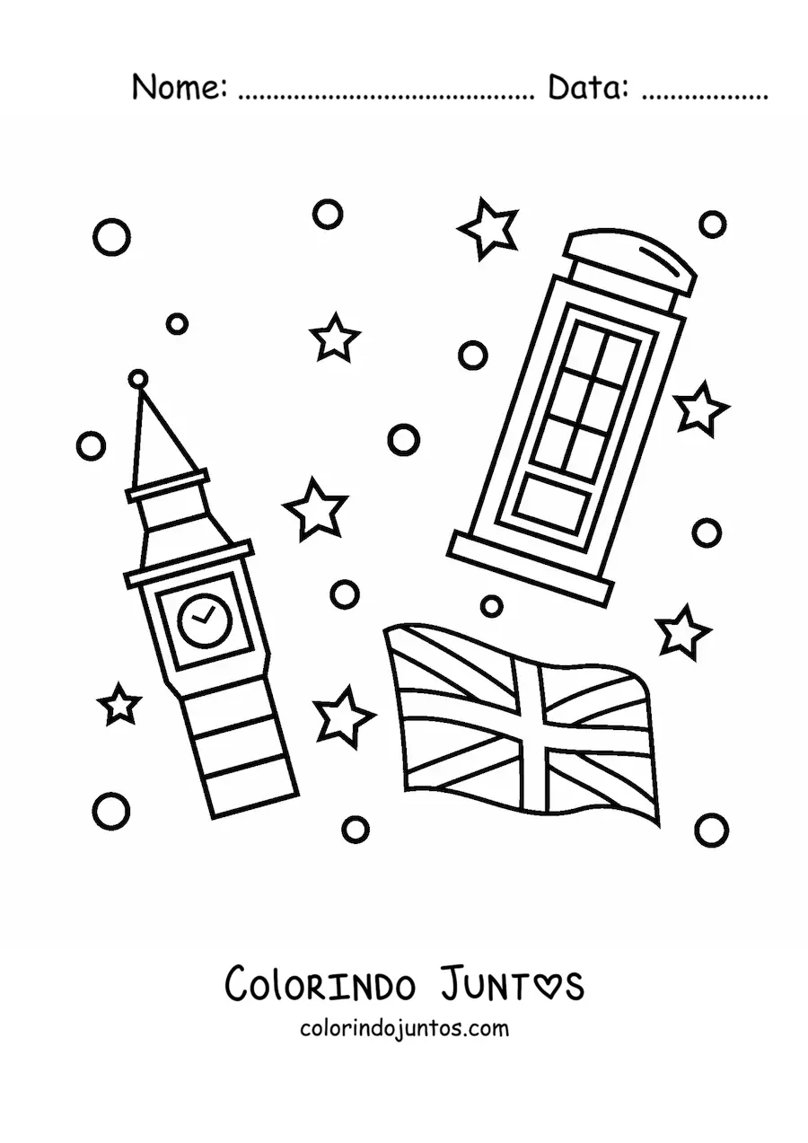 Desenho para colorir da bandeira do Reino Unido com o Big Ben e uma cabine telefônica