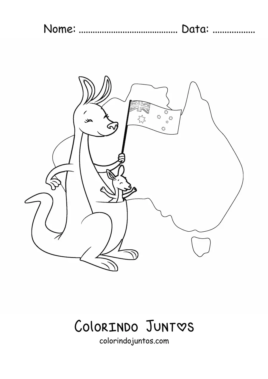 Desenho para colorir de dois cangurus kawaii com a bandeira da Austrália e um mapa ao fundo