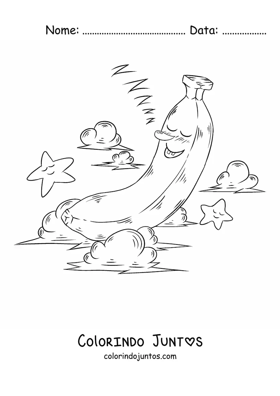Desenho para colorir de uma banana animada dormindo entre nuvens e estrelas