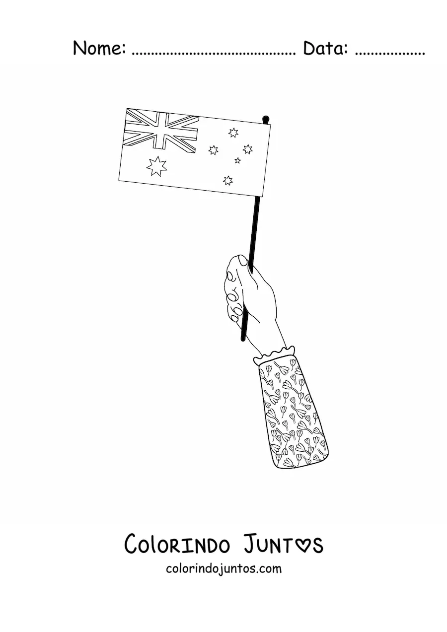 Desenho para colorir de uma mão segurando a bandeira da Austrália