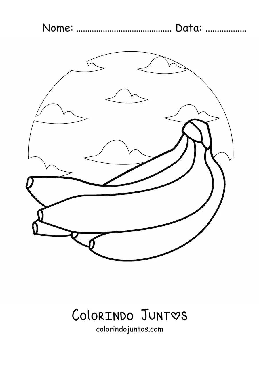 Desenho para colorir de um cacho de bananas com o céu ao fundo