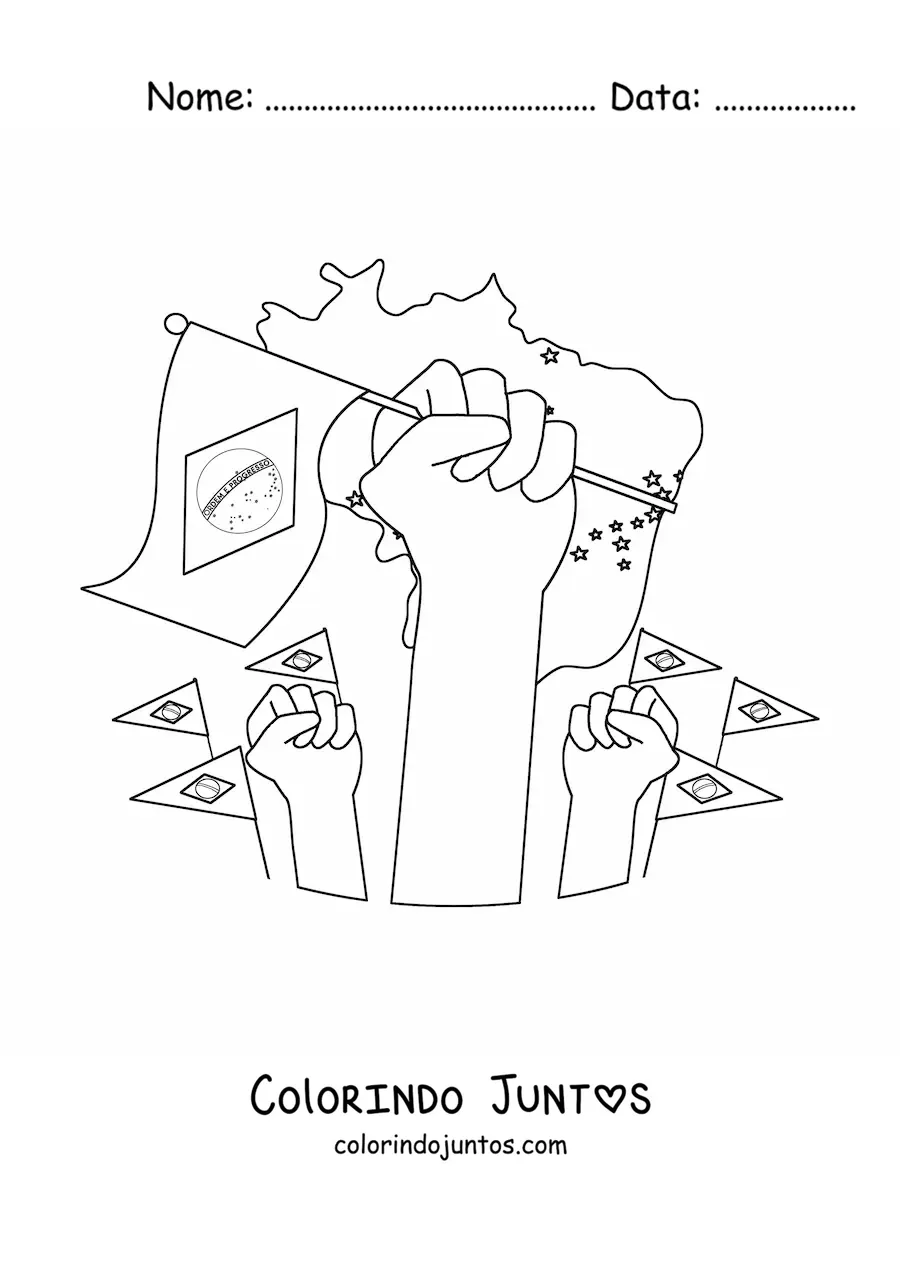 Desenho para colorir de várias mãos segurando a bandeira do Brasil com um mapa ao fundo
