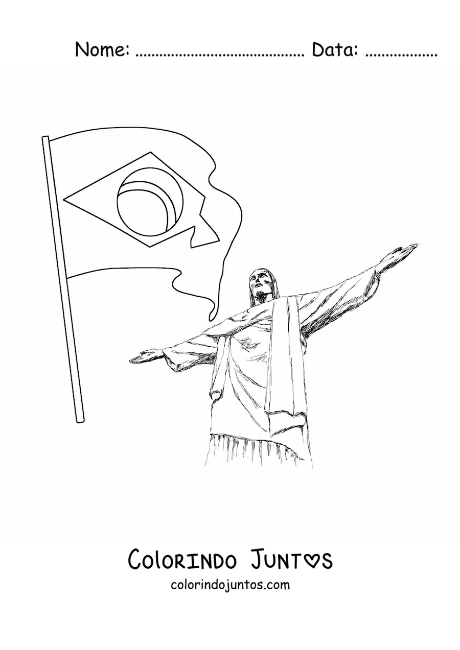 Desenho para colorir da bandeira do Brasil junto ao Cristo Redentor