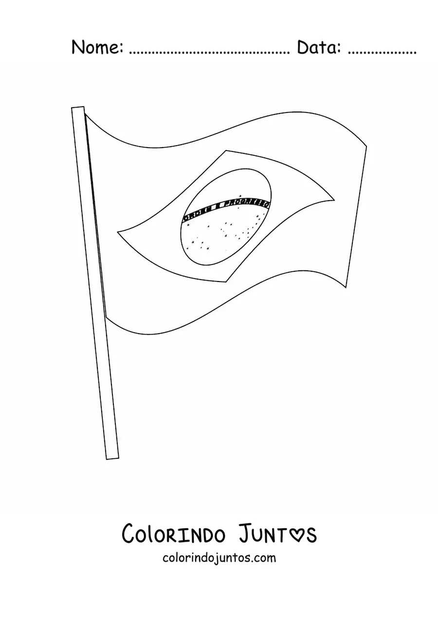 Desenho para colorir da bandeira do Brasil tremulando em um mastro