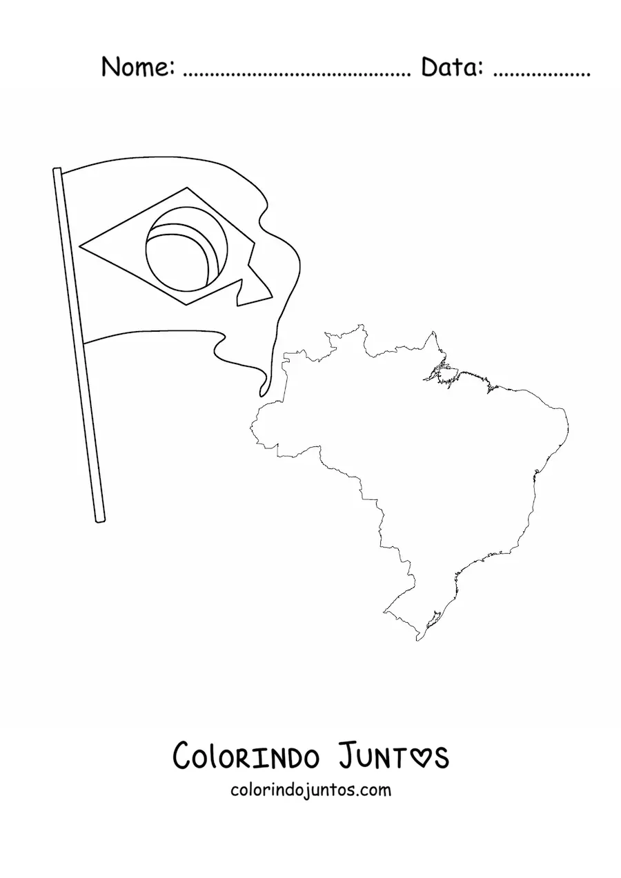 Desenho para colorir da bandeira do Brasil junto a um mapa