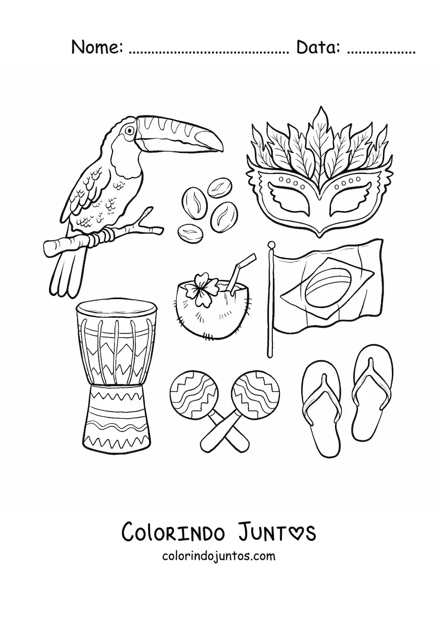 Desenho para colorir da bandeira do Brasil, um tucano, um tambor, umas maracas, um coco e uma máscara