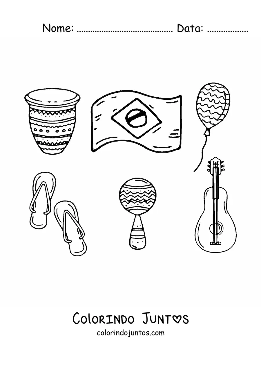 Desenho para colorir da bandeira do Brasil, um tambor, uma maraca, um instrumento e uma sandália