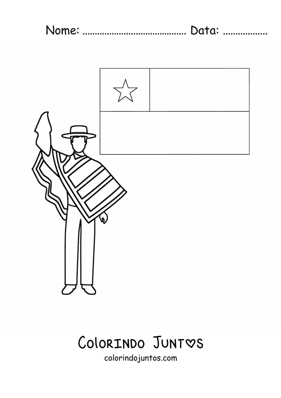Desenho para colorir de um homem com vestimenta tradicional chilena junto à bandeira do Chile