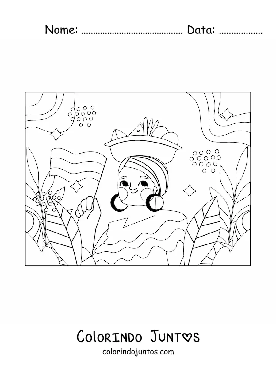 Desenho para colorir de uma mulher com traje tradicional colombiano segurando a bandeira da Colômbia