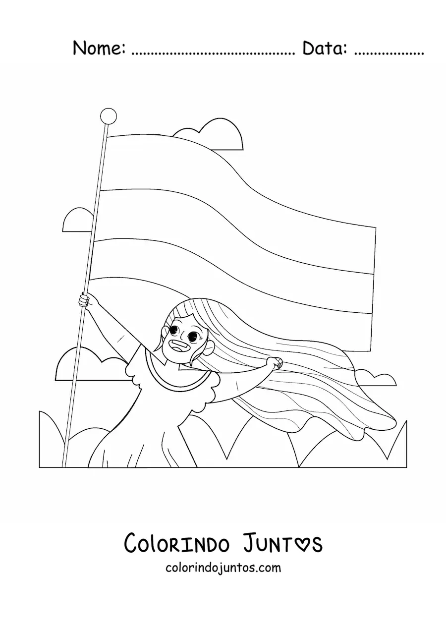 Desenho para colorir de uma garota segurando a bandeira da Colômbia