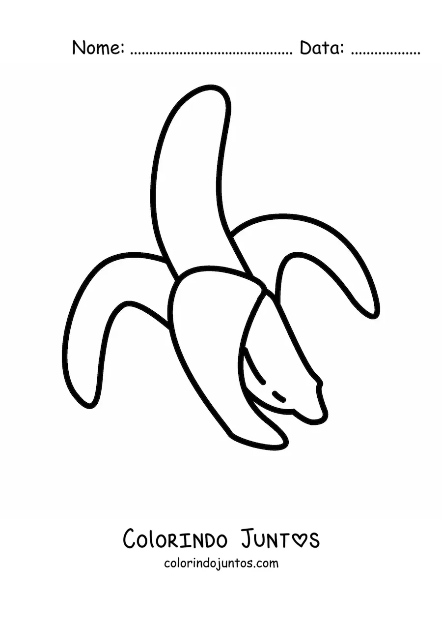 Desenho para colorir de uma banana com meia casca inclinada para a esquerda