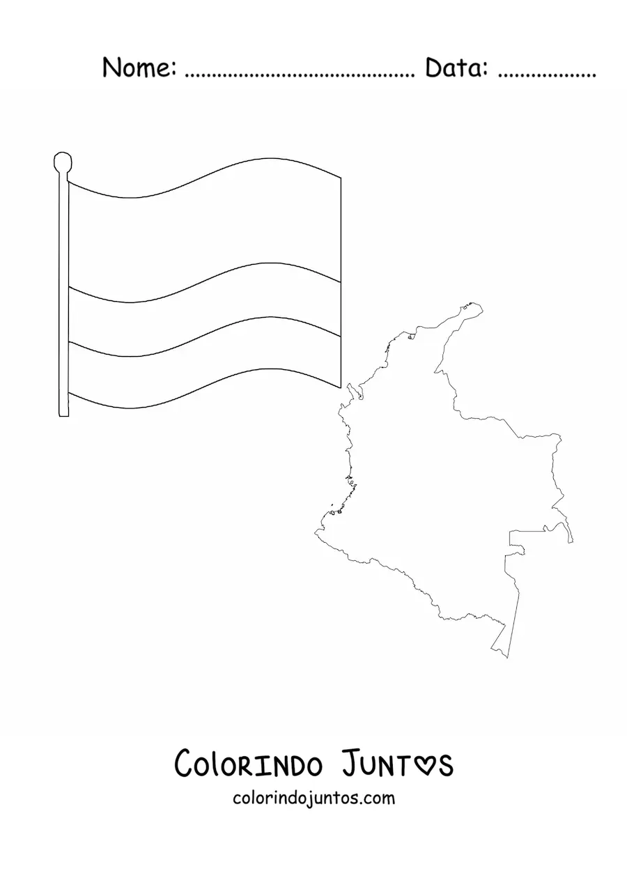 Desenho para colorir da bandeira da Colômbia junto a um mapa