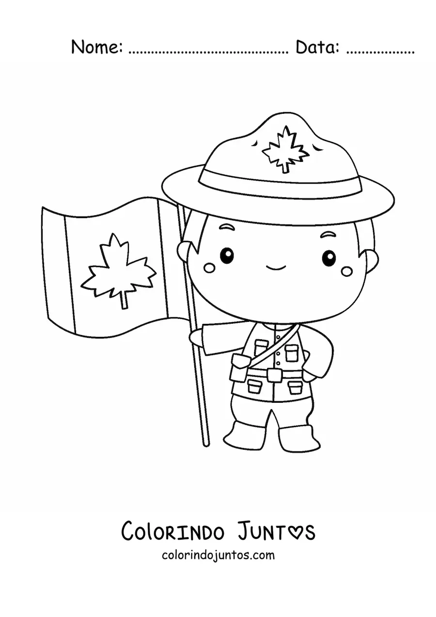 Desenho para colorir de um homem kawaii segurando a bandeira do Canadá