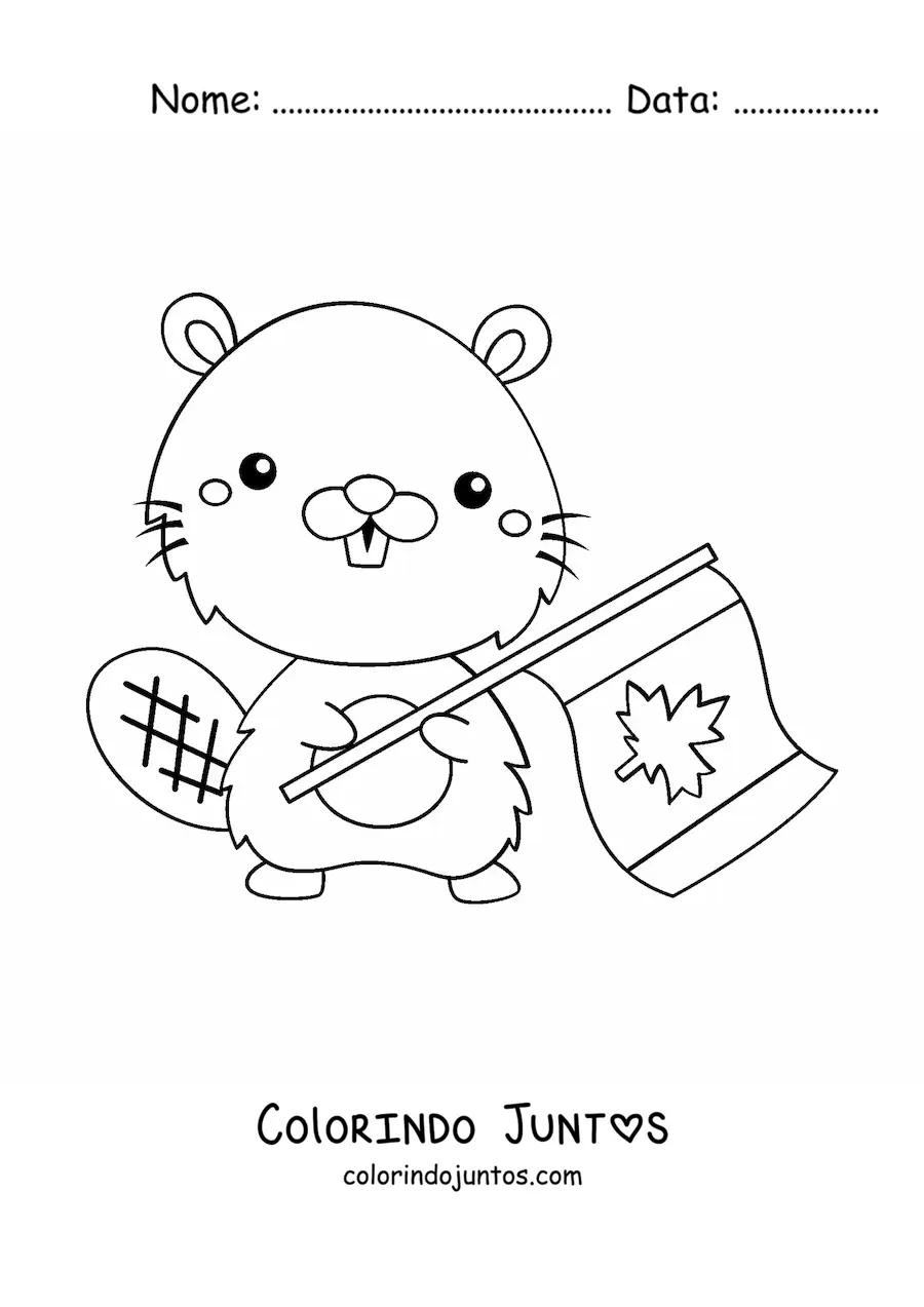 Desenho para colorir de um castor kawaii segurando a bandeira do Canadá