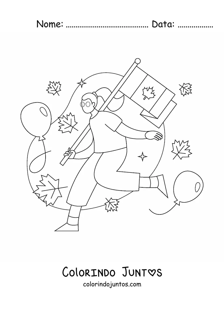 Desenho para colorir de uma garota segurando a bandeira do Canadá e folhas