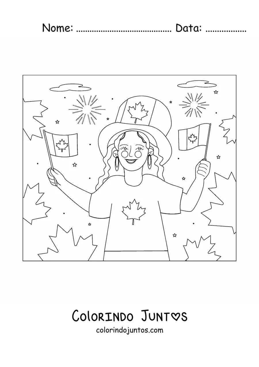 Desenho para colorir de uma garota segurando a bandeira do Canadá e um chapéu