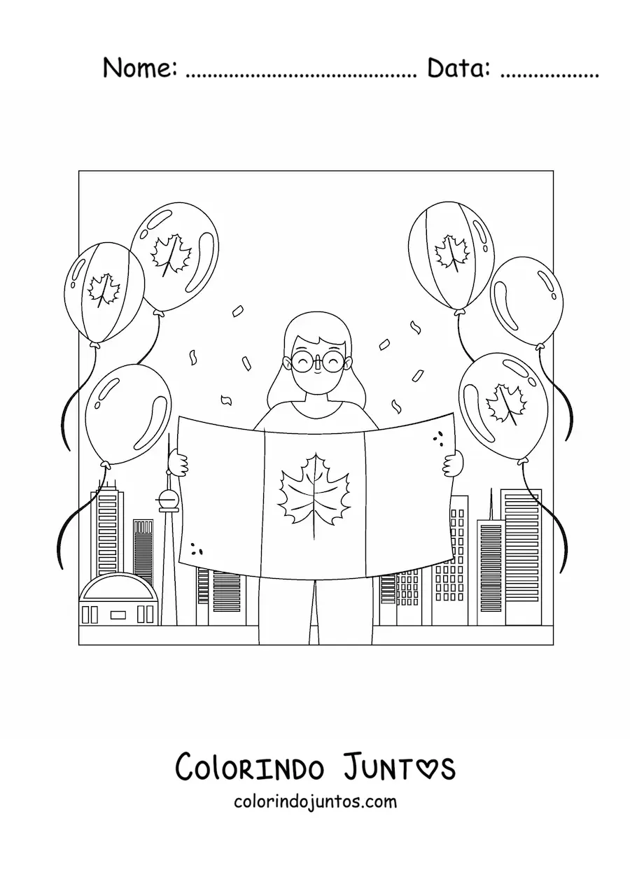 Desenho para colorir de uma garota segurando a bandeira do Canadá e balões