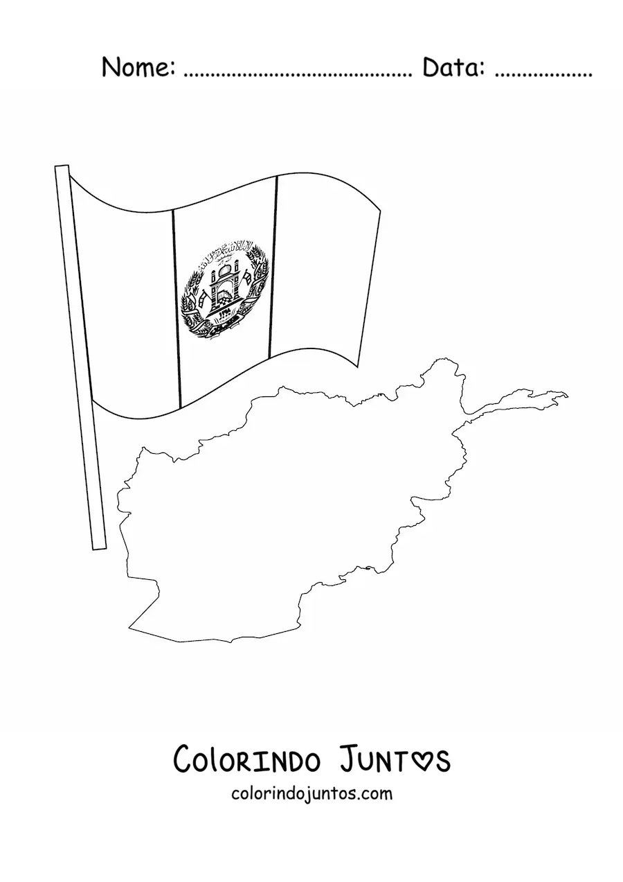 Desenho para colorir da bandeira do Afeganistão junto a um mapa