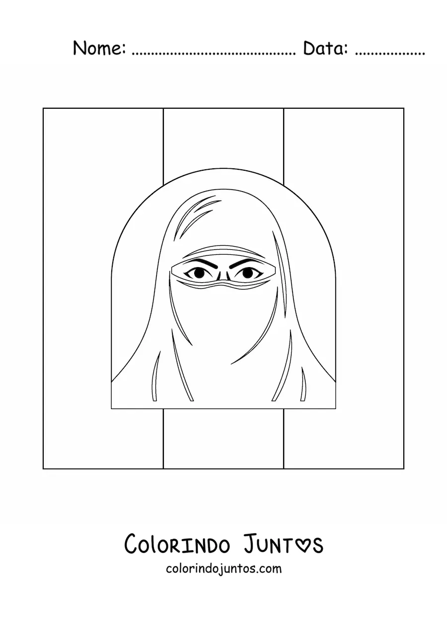 Desenho para colorir da bandeira do Afeganistão com uma mulher com o rosto coberto