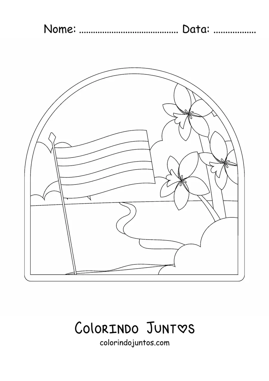 Desenho para colorir da bandeira da Costa Rica em paisagem com a flor nacional