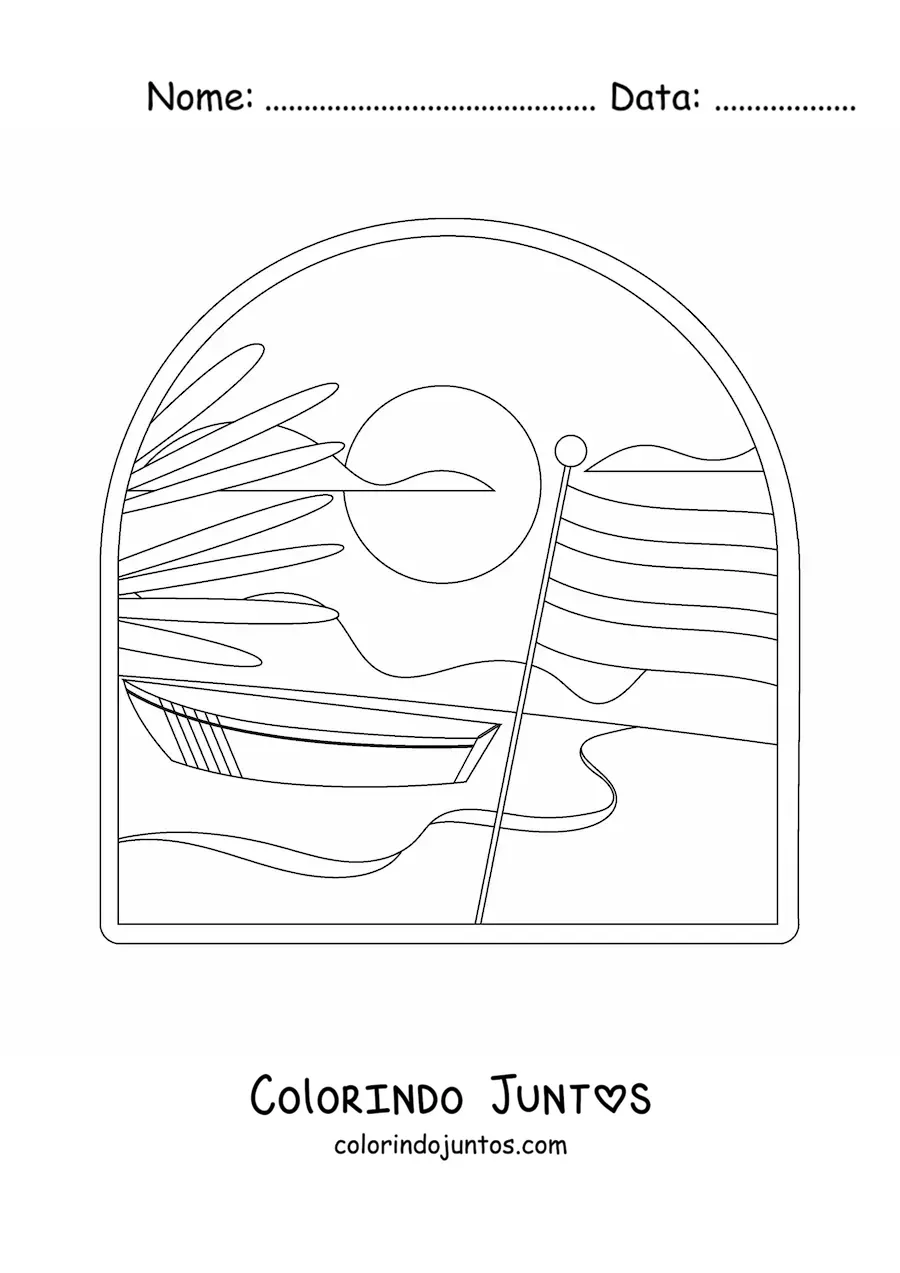 Desenho para colorir da bandeira da Costa Rica em paisagem com praia