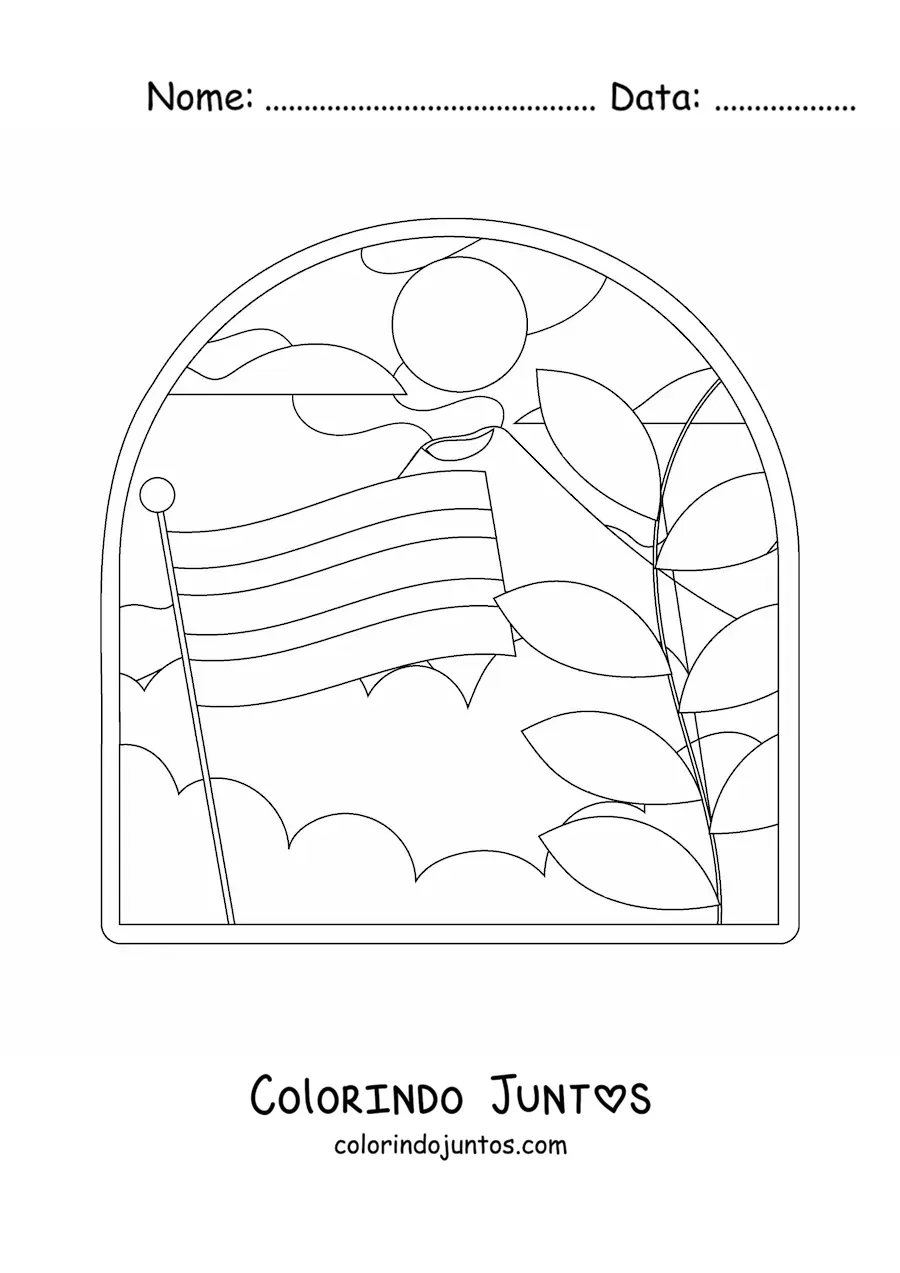 Desenho para colorir da bandeira da Costa Rica em paisagem com vulcão