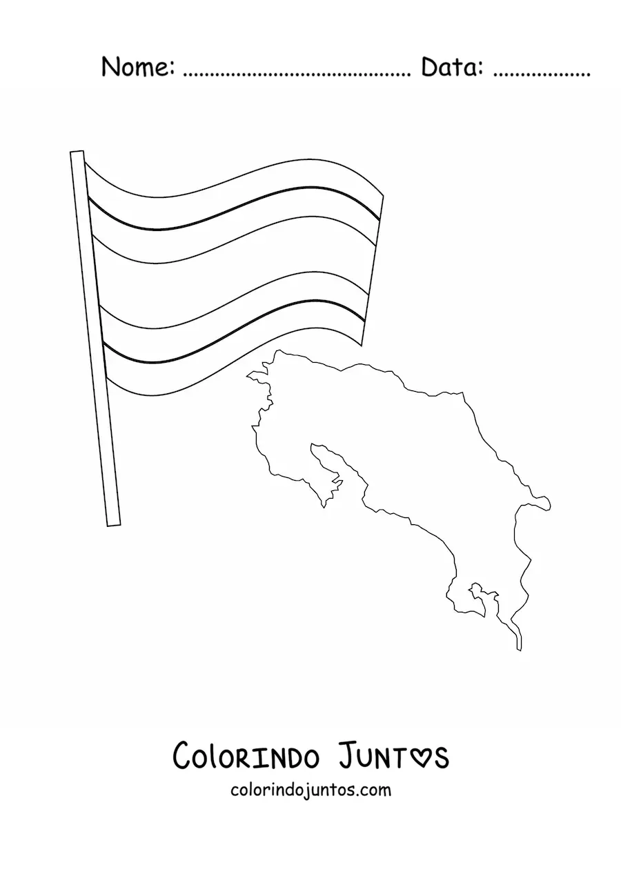 Desenho para colorir da bandeira da Costa Rica junto a um mapa