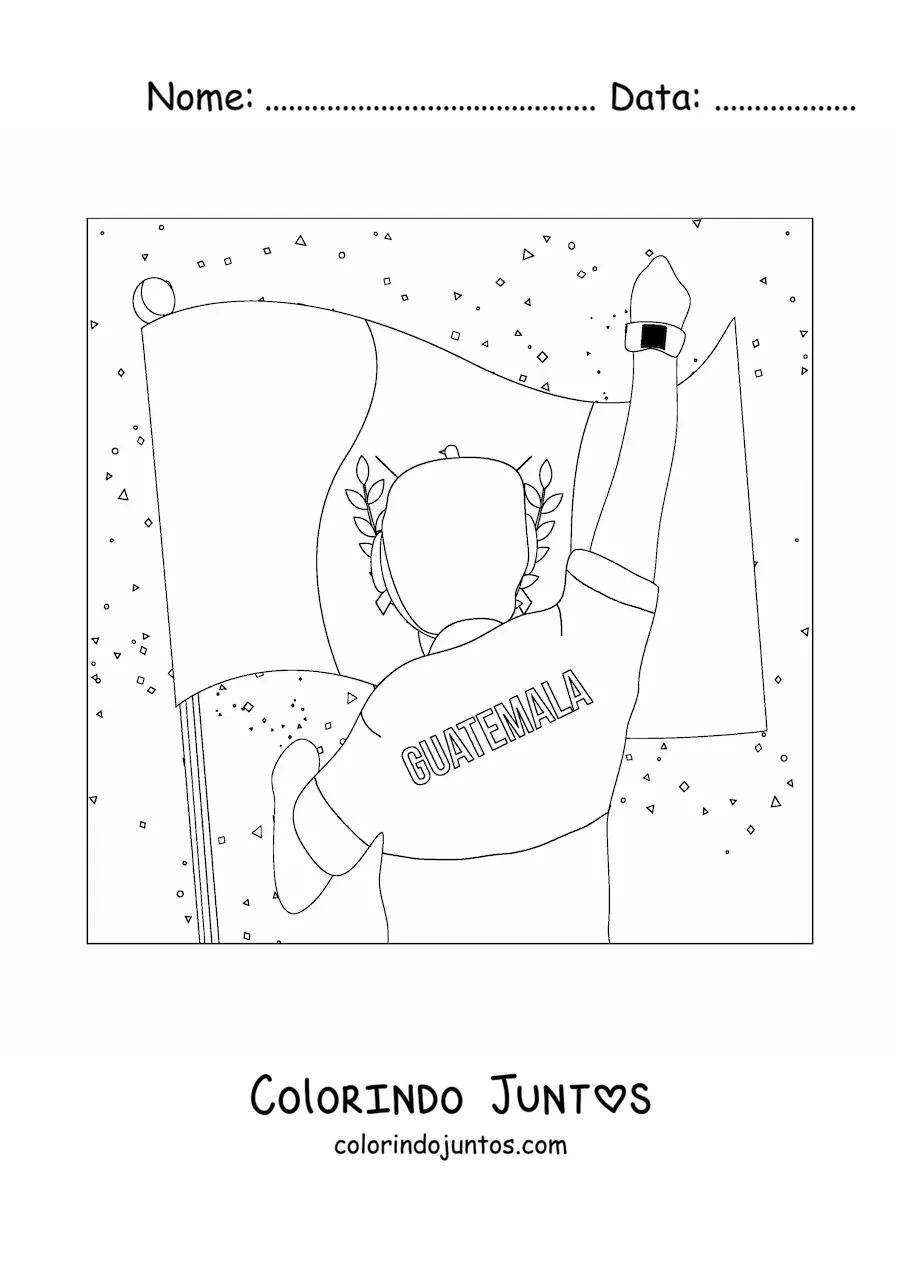 Desenho para colorir de um homem comemorando em frente à bandeira da Guatemala