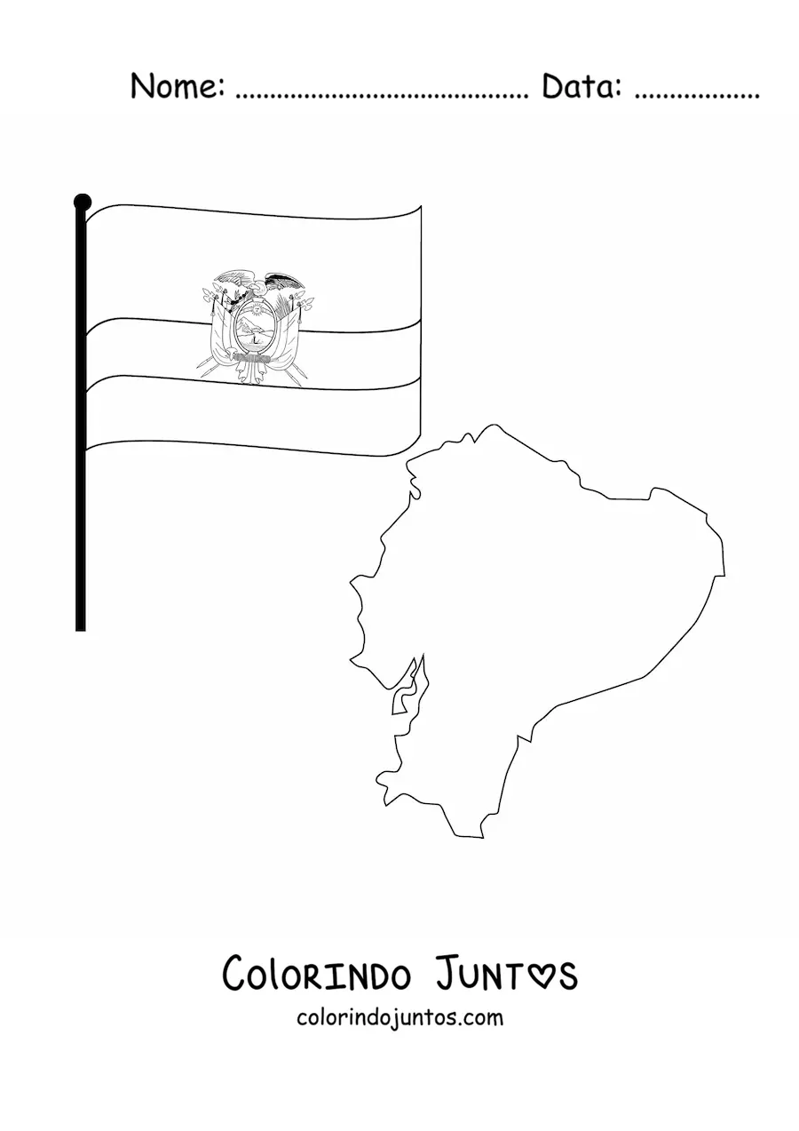 Desenho para colorir da bandeira do Equador junto a um mapa