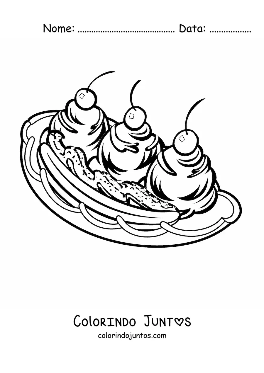 Desenho para colorir de um sorvete banana split