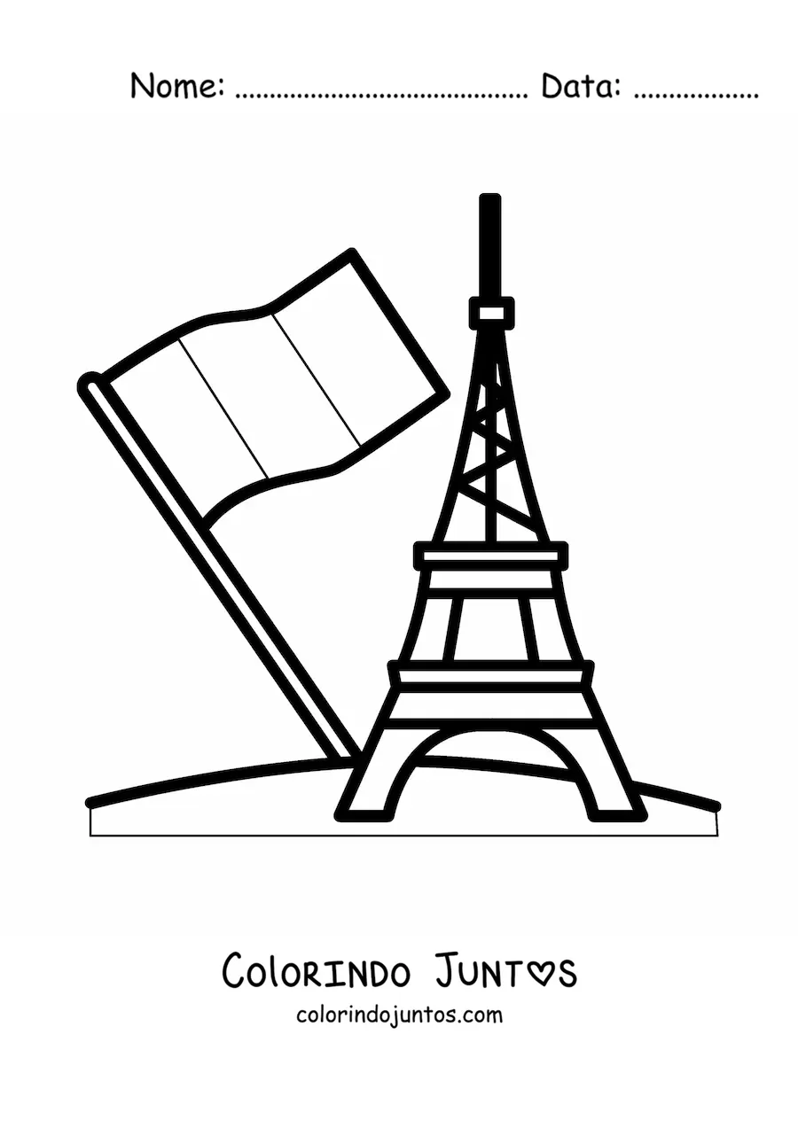Desenho para colorir da bandeira da França com a Torre Eiffel