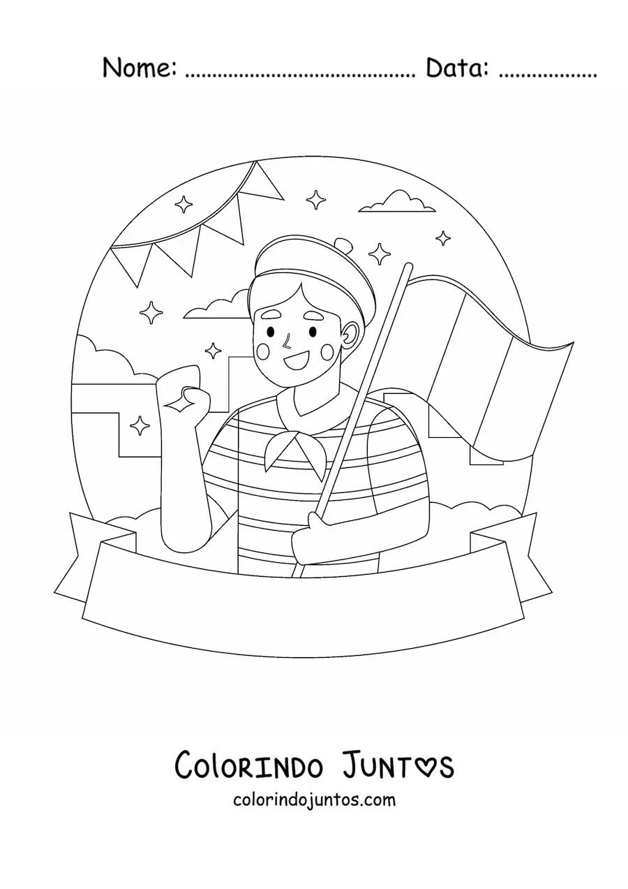 Desenho para colorir de um homem com boina segurando a bandeira da França