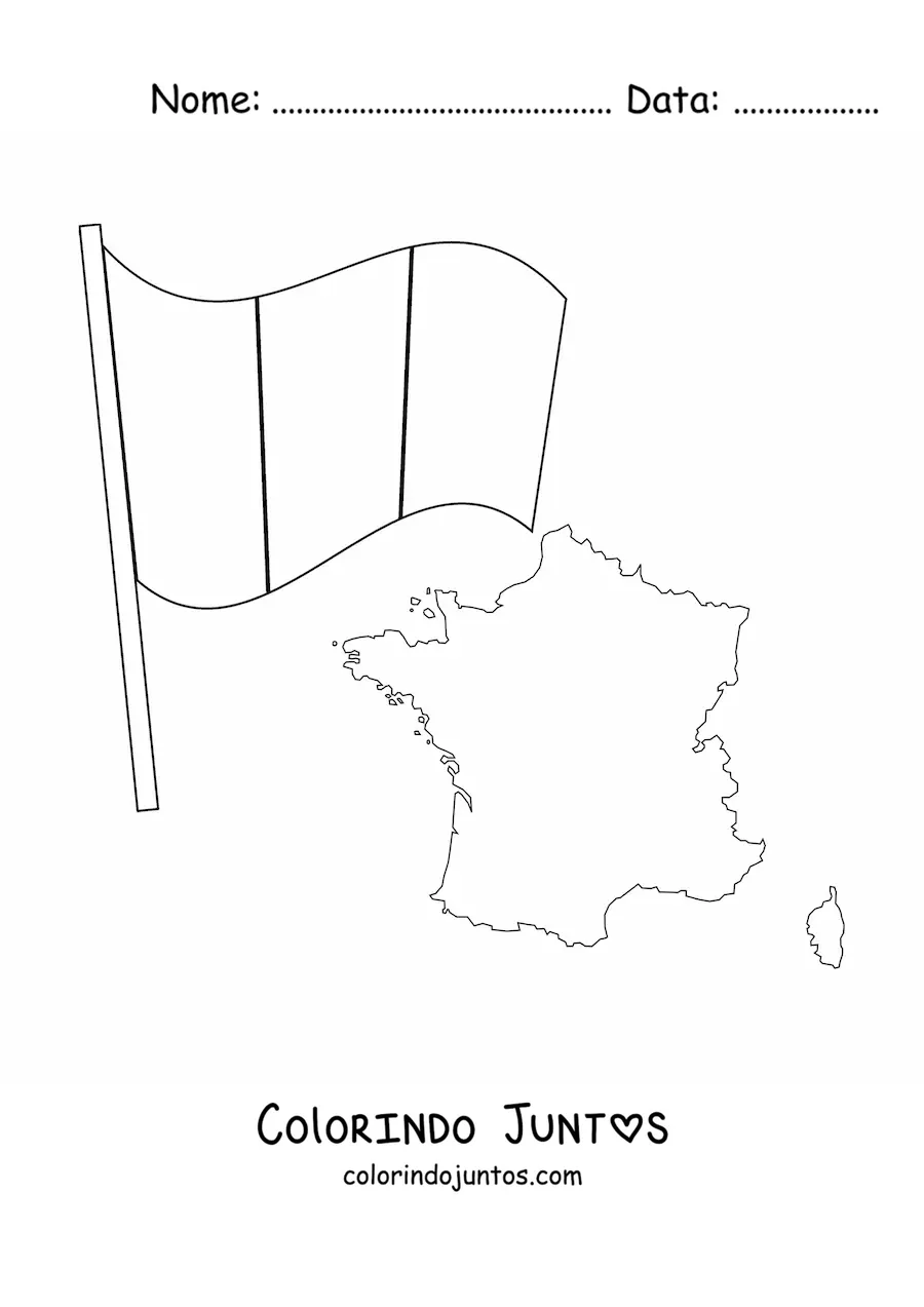 Desenho para colorir da bandeira da França junto a um mapa