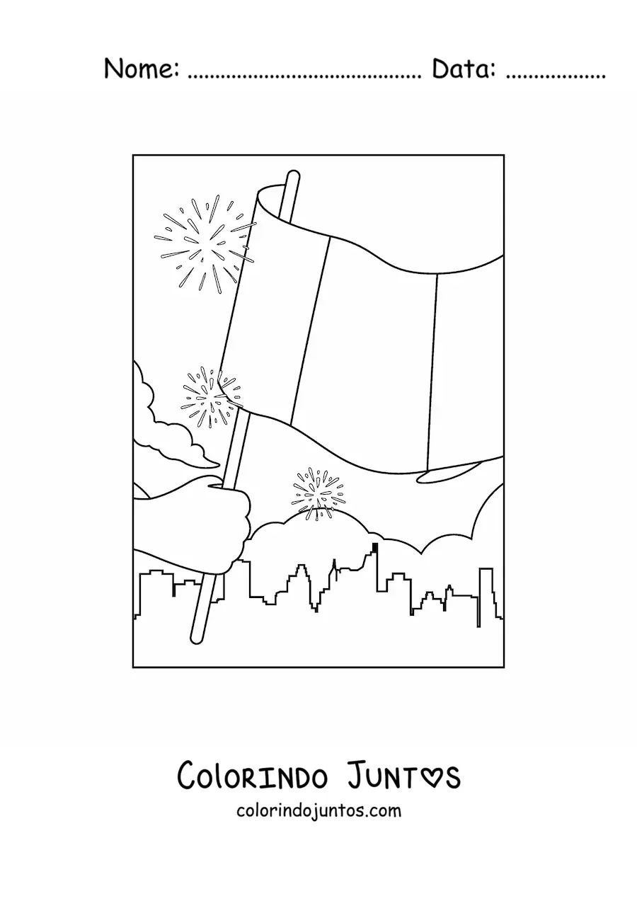 Desenho para colorir de uma mão segurando a bandeira da França na cidade
