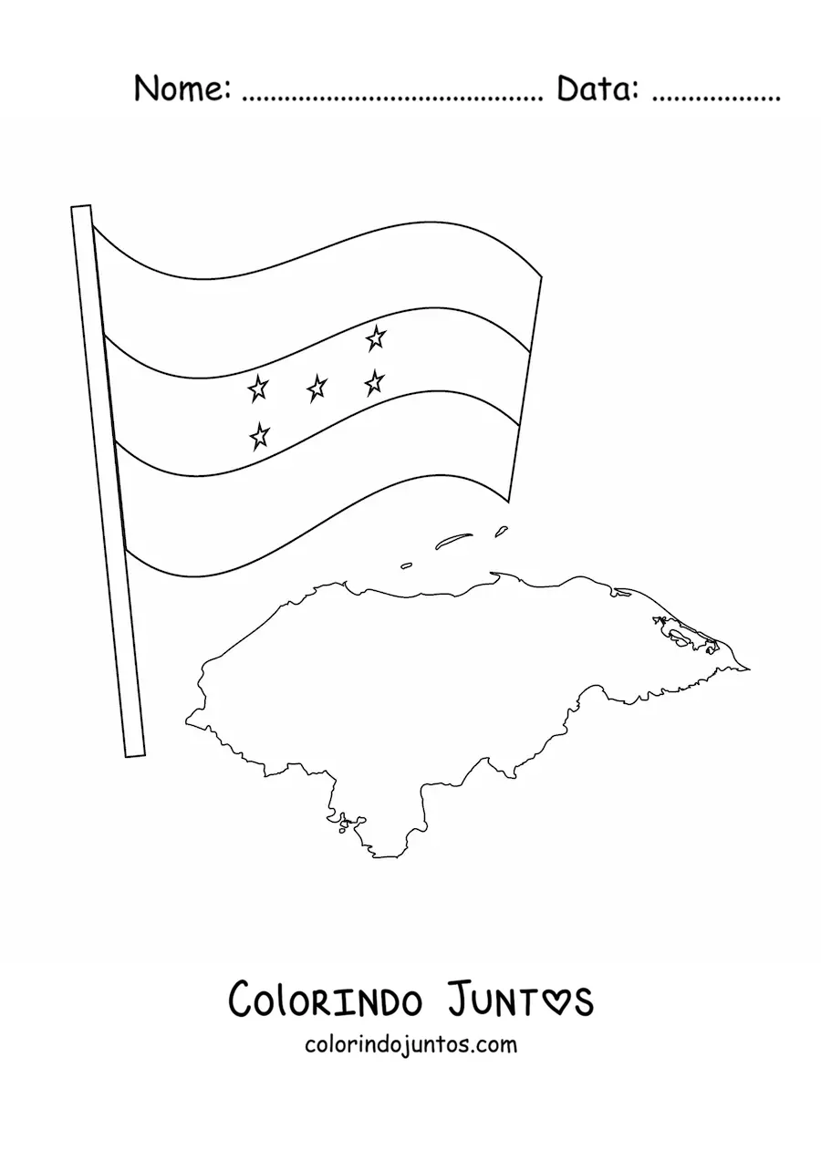 Desenho para colorir da bandeira de Honduras junto a um mapa