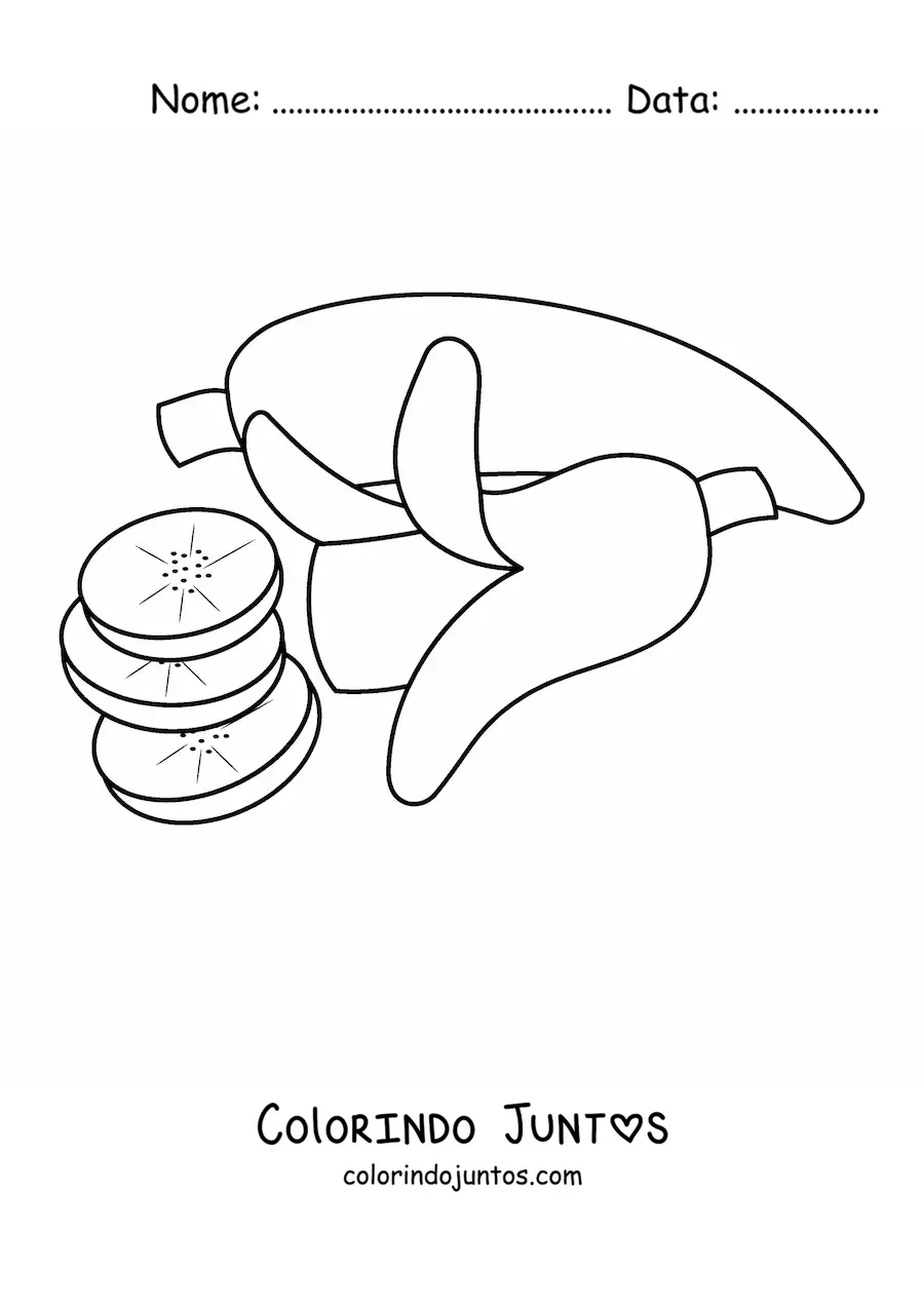 Desenho para colorir de uma banana inteira ao lado de uma banana cortada em pedaços