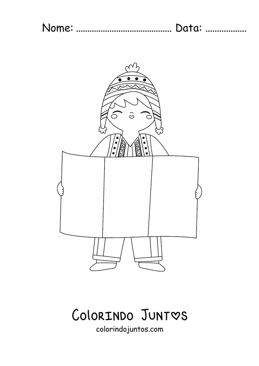 Desenho para colorir de um menino com a bandeira do Peru sem brasão