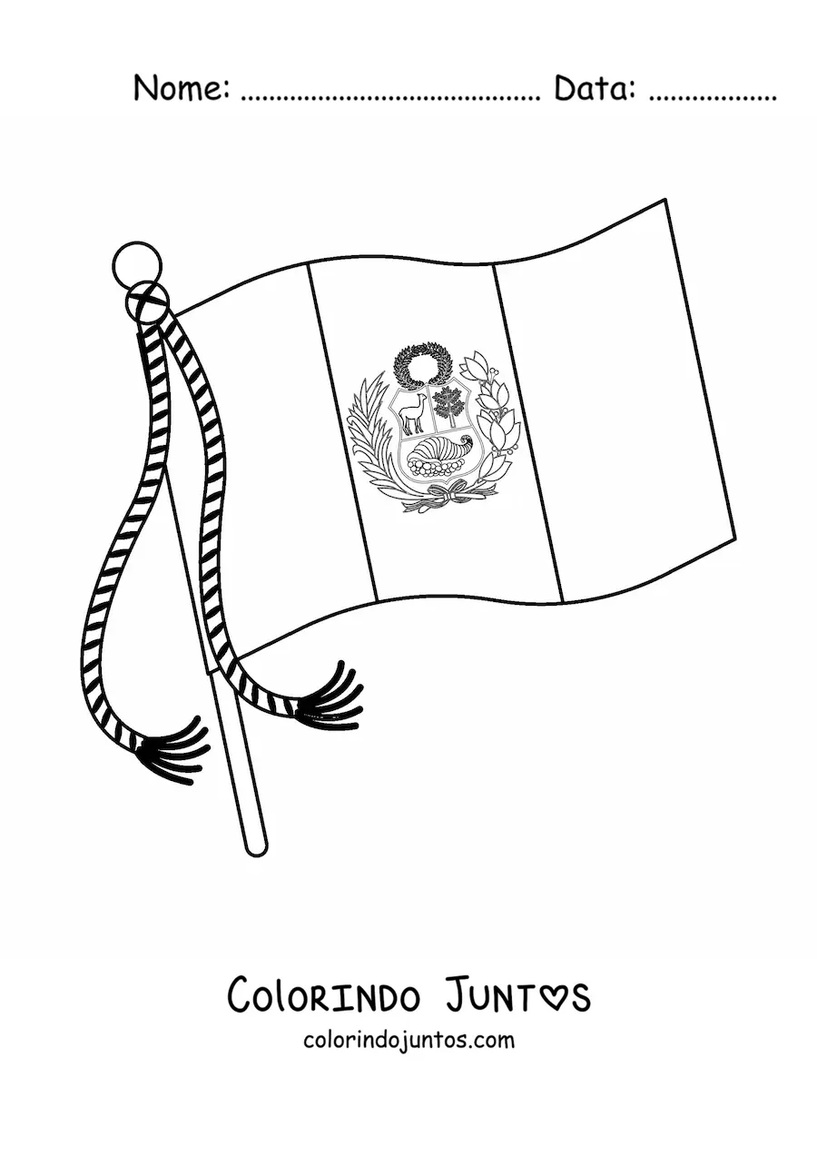 Desenho para colorir da bandeira do Peru com brasão tremulando em um mastro